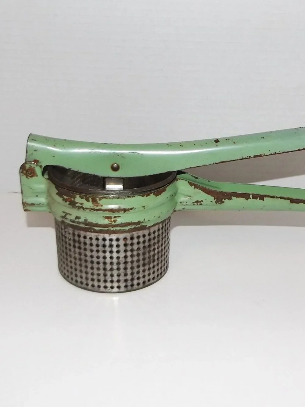 Vintage Handy Things Cast Metal Green Enamel Handle Farmhouse Food Press